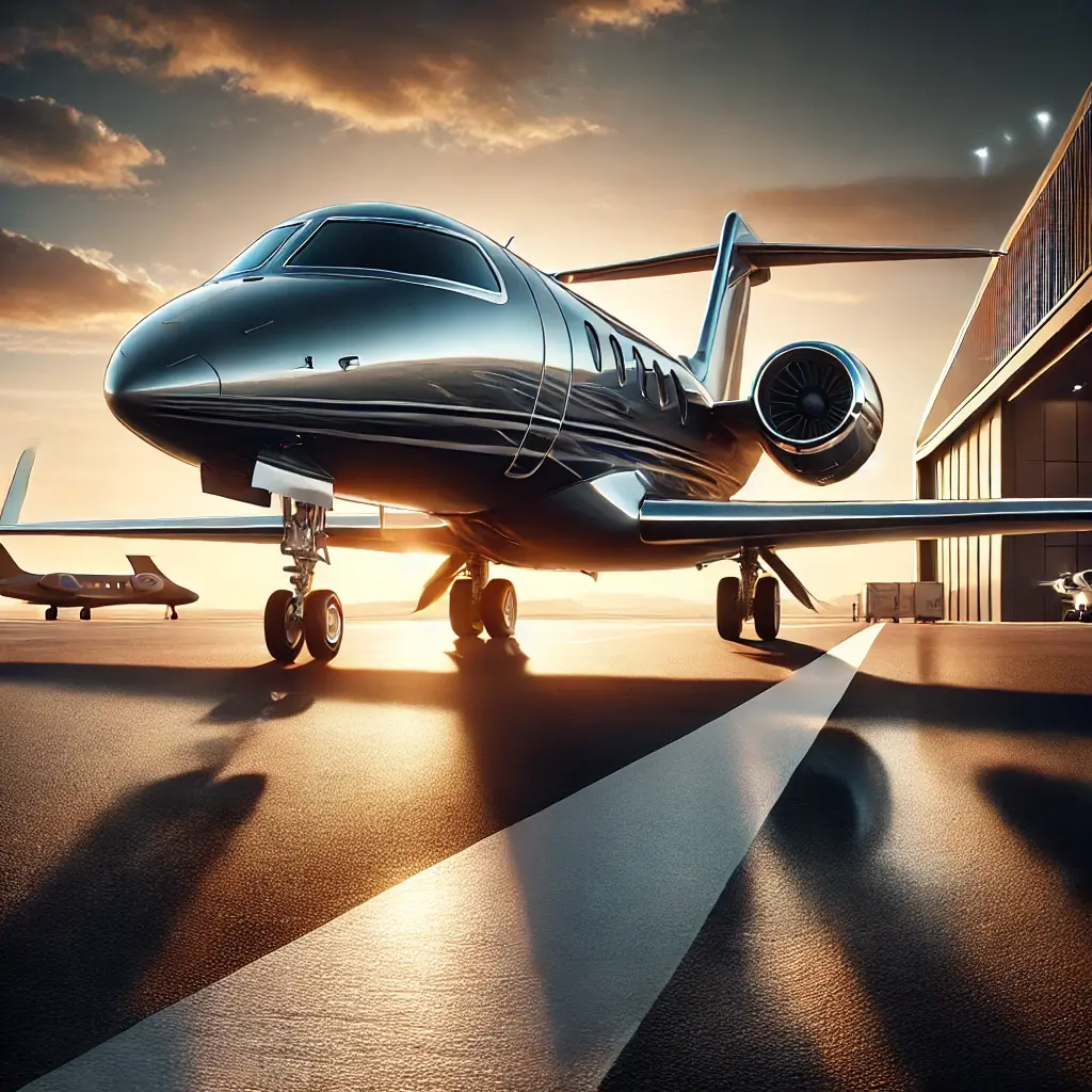 DALL·E 2025-01-03 21.30.49 - A sleek and professional image designed to appeal to clients interested in purchasing aircraft. The composition includes a luxurious private jet parke